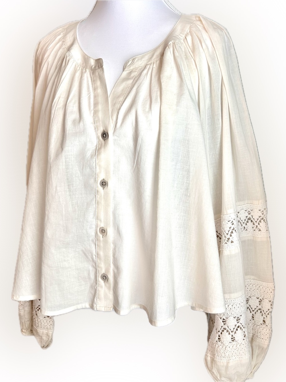 Aerie Cream Peasant Blouse with Crochet Long  Sleeves Size Small